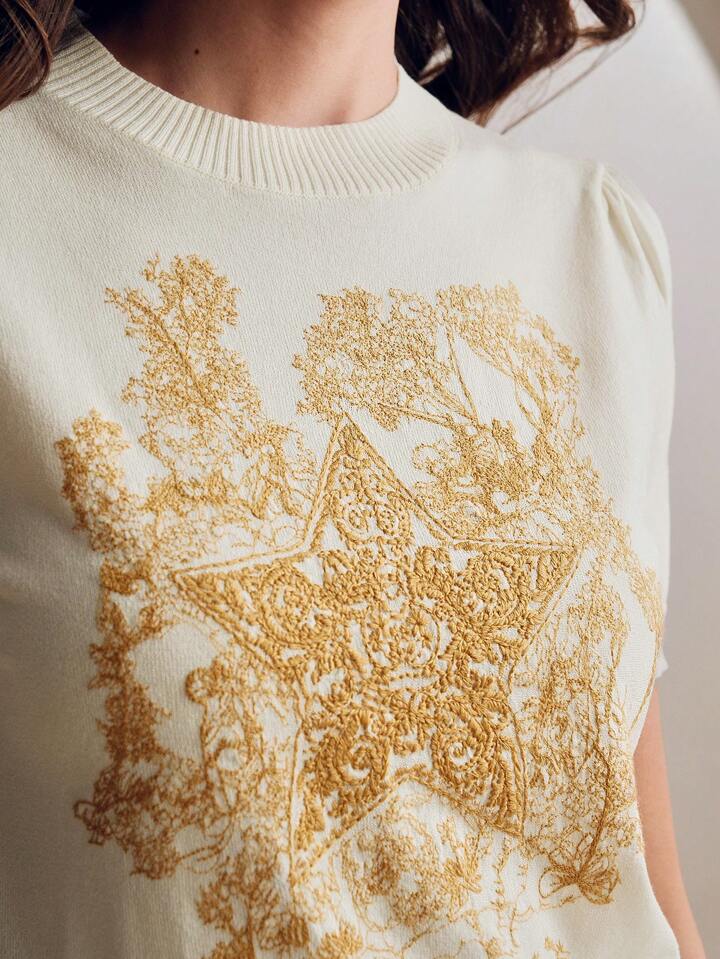 CM-TS235342 Women Casual Seoul Style Stand Collar Short Sleeve Floral Star Embroidered Knitted Shirt Tee - Cream