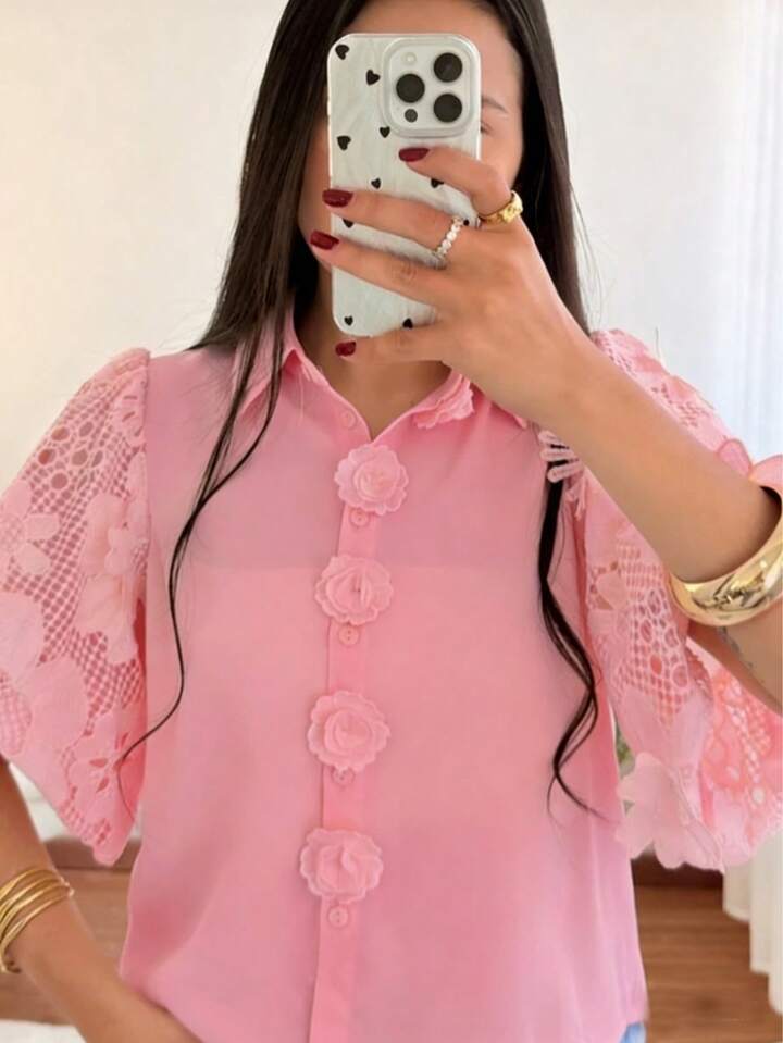 CM-TS733349 Women Elegant Seoul Style Collar Neckline Puff Sleeve Embroidered Floral Hollow-Out Shirt - Pink