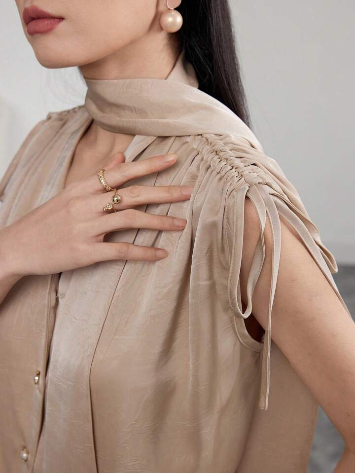 CM-TS690870 Women Elegant Seoul Style Solid Color Ruched Shoulder Tie Front Short Sleeve Blouse
