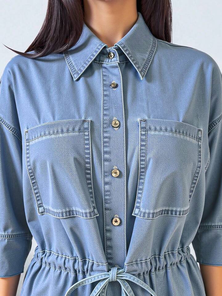 CM-TS222835 Women Casual Seoul Style Shirt Collar Short Sleeve Loose Button Pocket Drawstring Waist Denim Top