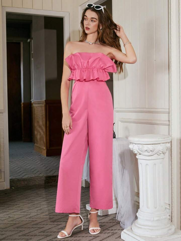 CM-JS829863 Women Elegant Seoul Style Ruffled Strapless High Waist Jumpsuit - Pink