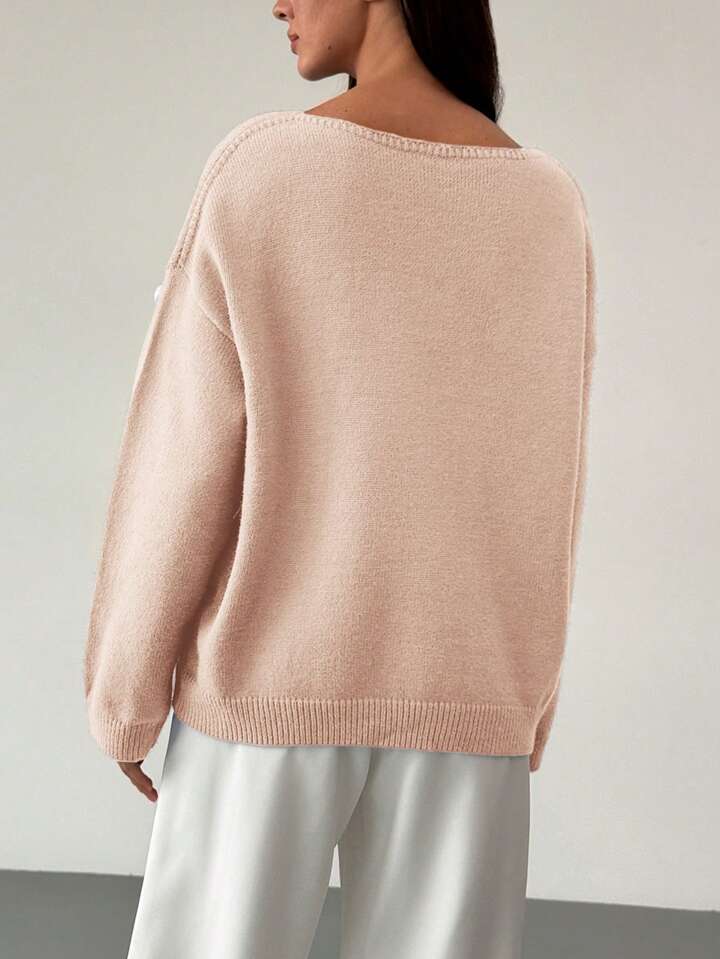 CM-CS463499 Women Casual Seoul Style 3D Floral Decoration Loose Fit Long Sleeve Sweater - Apricot