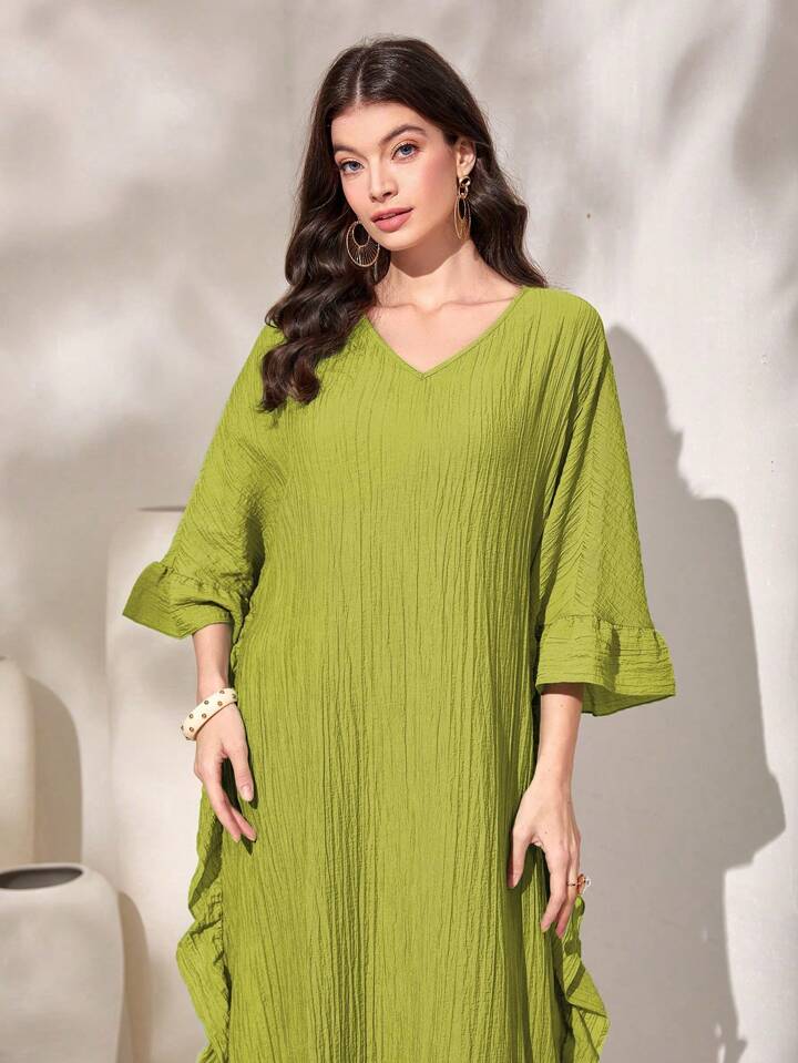 CM-DS823135 Women Casual Seoul Style V-Neck Solid Color Ruffle Hem Swing Dress - Green