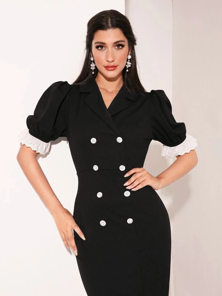 CM-DS031336 Women Elegant Seoul Style Lace Patchwork Double-Breasted Puff Sleeve Dress - Black