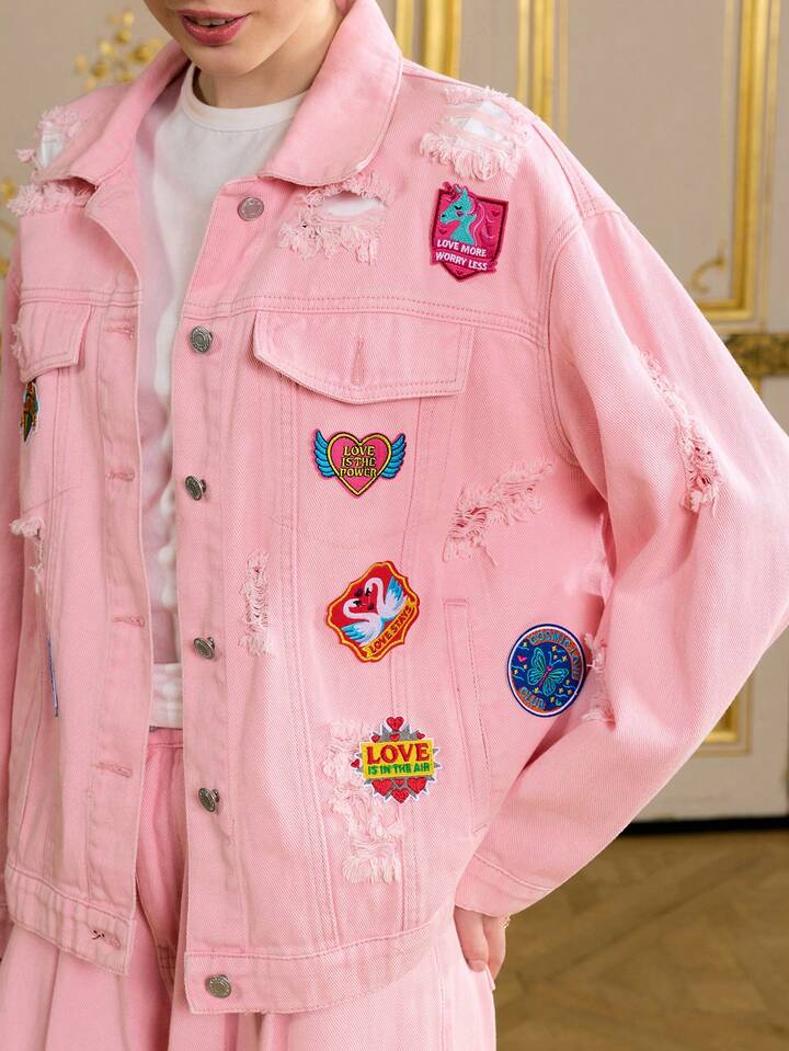 CM-CS533355 Women Casual Seoul Style Cute Cartoon Patches Distressed Oversized Denim Jacket - Pink