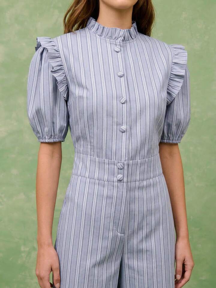 CM-JS373559 Women Casual Seoul Style Ruffled Collar Puff Sleeve Wide Leg Pinstripe Jumpsuit - Blue
