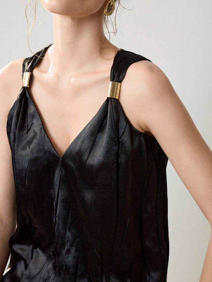 CM-TS147642 Women Casual Seoul Style Pleated V-Neck Sleeveless Vest Top - Black