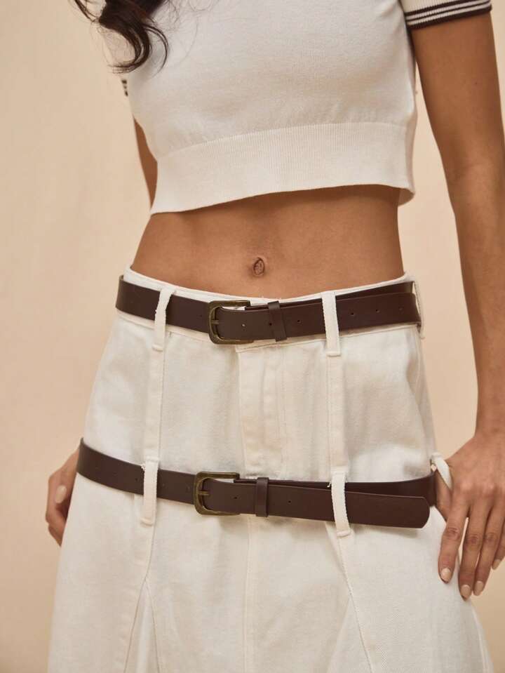 CM-BS063326 Women Casual Seoul Style Low Rise Double Belt Flared Hem Denim Midi Skirt - White