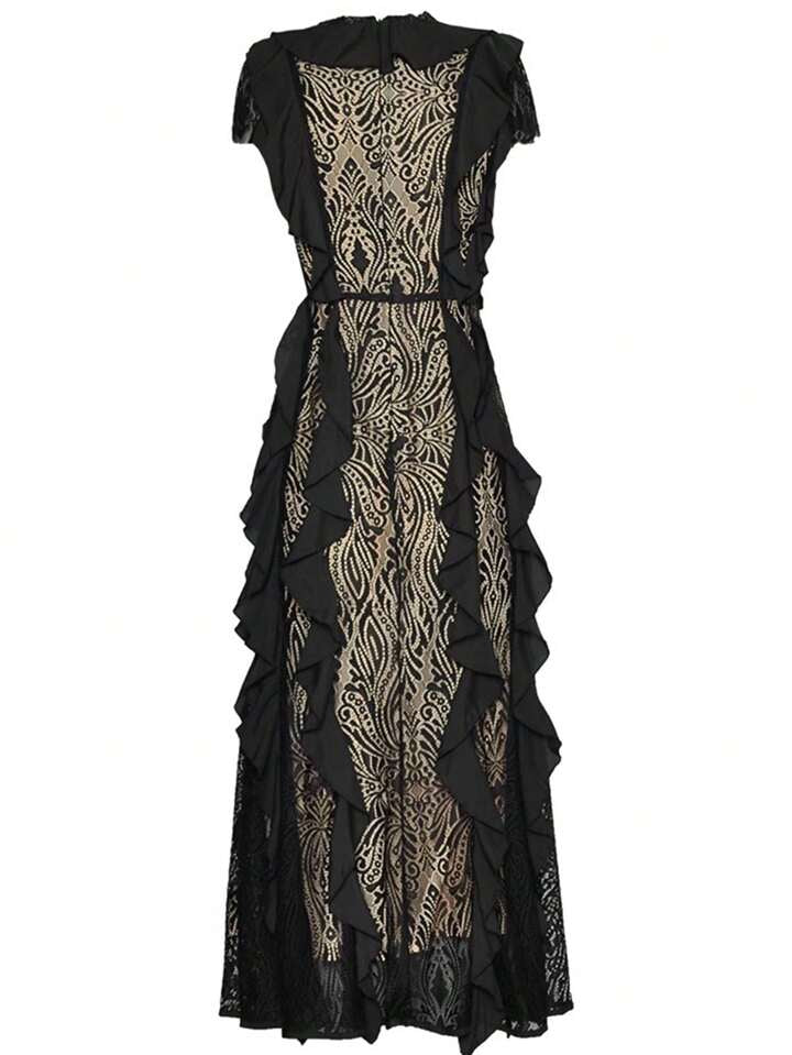 CM-DS299747 Women Elegant Seoul Style Splice Lace V-Neck Sleeveless Ruffled Waist Belted Dress - Black