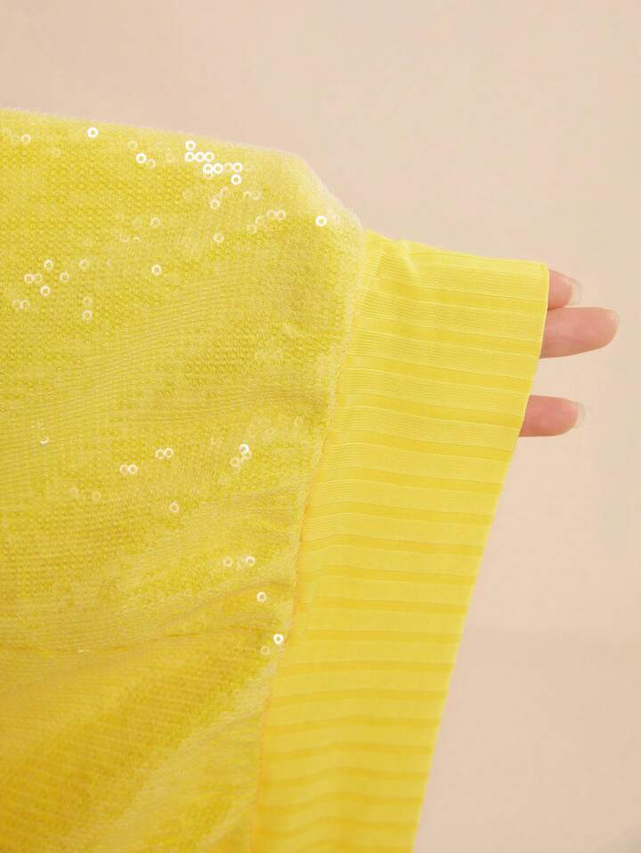 CM-TS980216 Women Elegant Seoul Style Semi-Sheer Sequin Collar Loose Short Sleeve Knit Top - Yellow