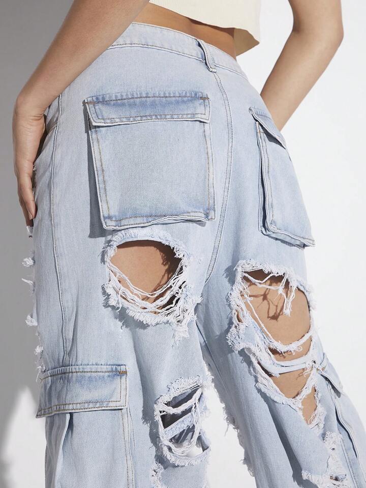 CM-BS658995 Women Casual Seoul Style Light Wash Distressed Buttoned Denim Pants With Pockets