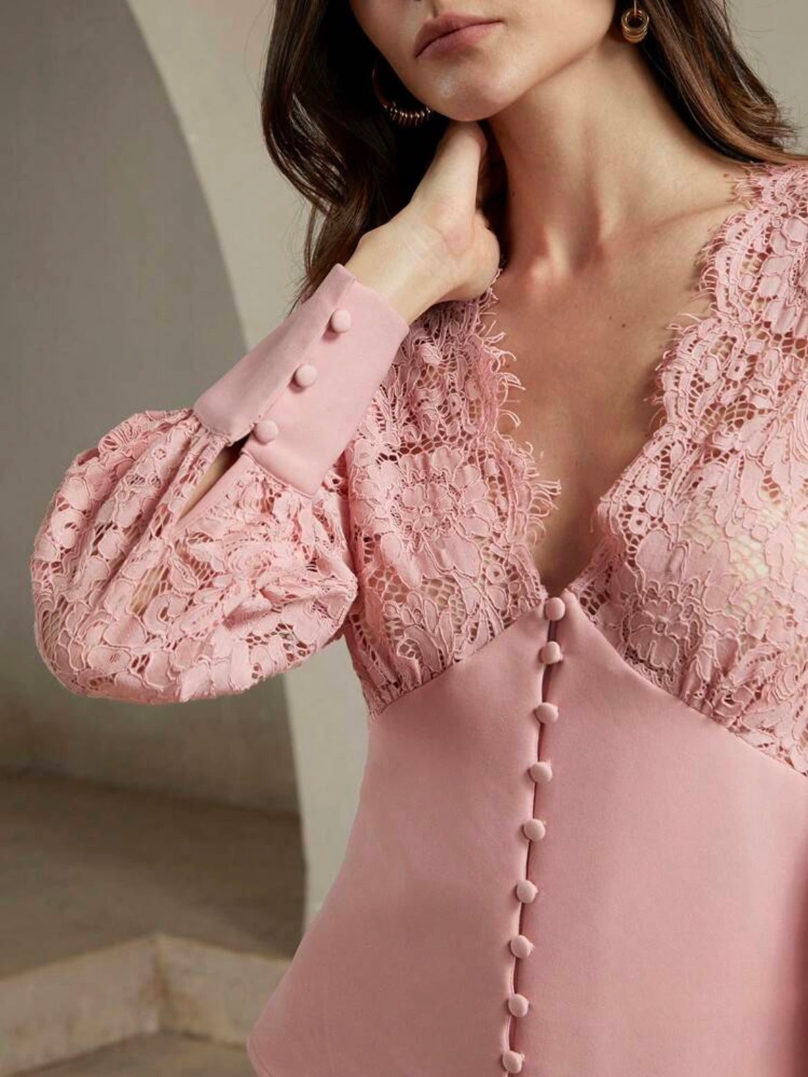 CM-TS031210 Women Elegant Seoul Style V-Neck Lace Patchwork Cinching Waist Top - Pink