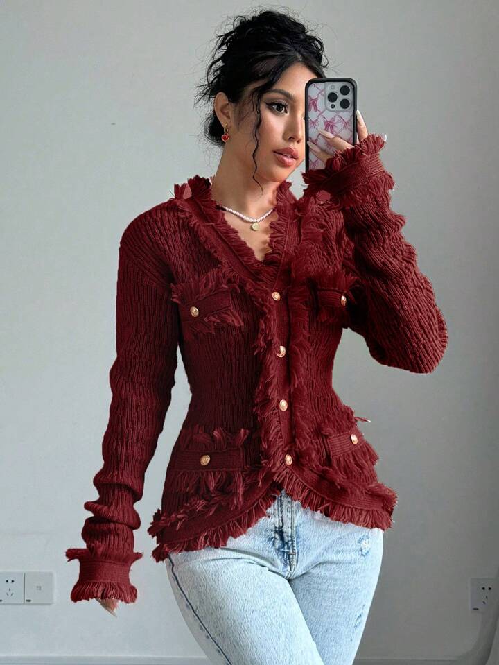 CM-CS113918 Women Casual Seoul Style Button Pockets Fringed Edges Long Sleeve Cardigan - Red