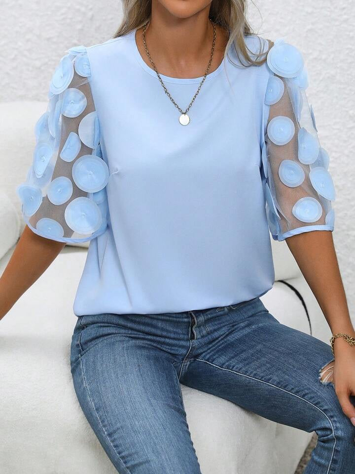 CM-TS511799 Women Casual Seoul Style Round Neck Contrast Mesh Sleeve Blouse - Blue