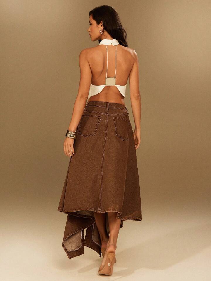 CM-BS963163 Women Casual Seoul Style Mid Waist Asymmetrical High Slit Denim Midi Skirt - Brown