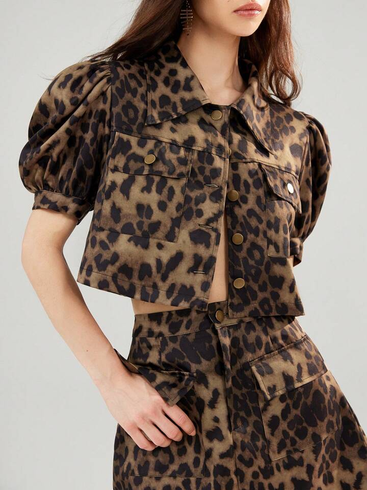 CM-SS285566 Women Casual Seoul Style Textured Pattern Collar Neckline Puff Sleeve Cropped Top With Skirt - Set