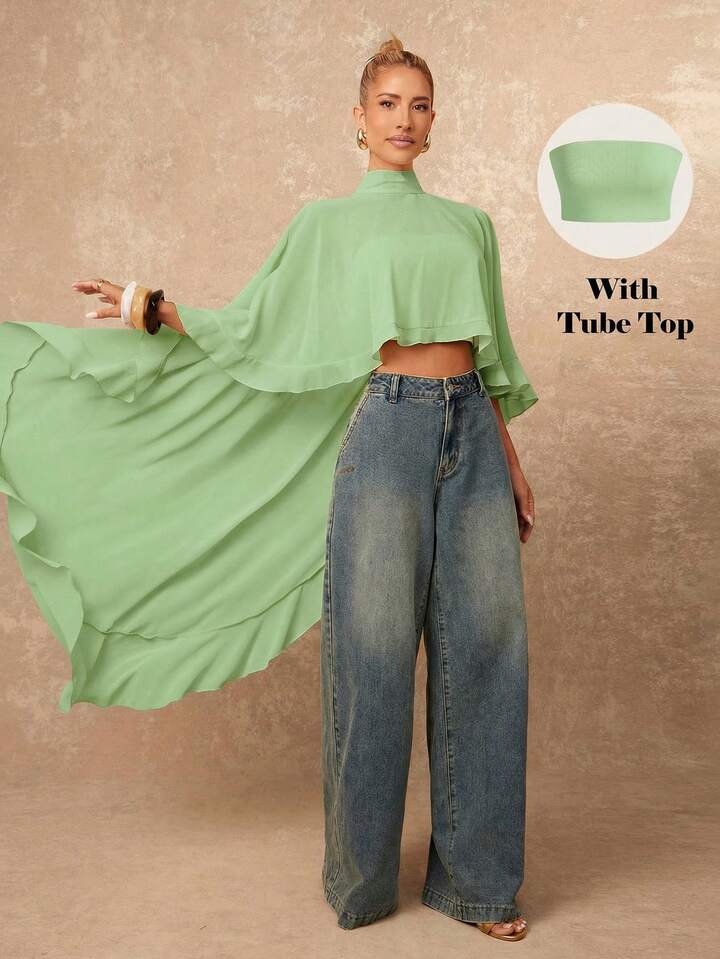 CM-TS255288 Women Casual Seoul Style Asymmetric Ruffle Hem Loose Collar Shawl Blouse - Green