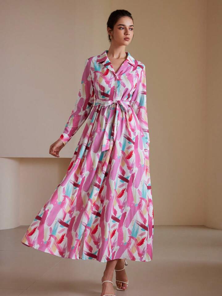 CM-DS442002 Women Casual Seoul Style Printed Turn-Down Collar Cinched Waist Waist Long Sleeve Dress