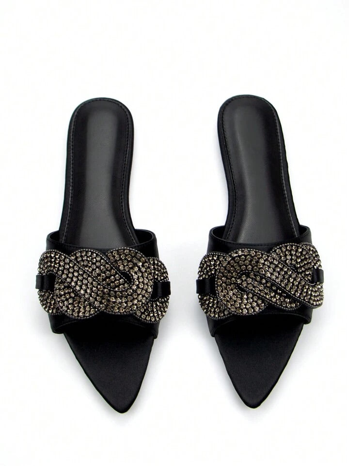 CM-SHS613330 Women Trendy Seoul Style Satin Rhinestone Decor Slide Sandals - Black
