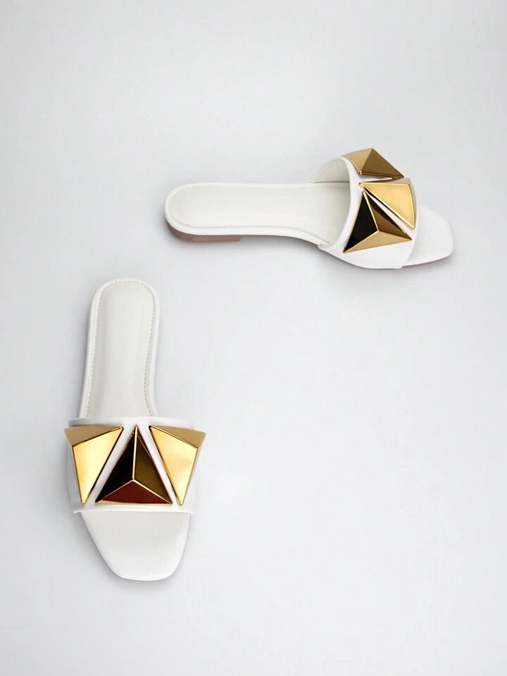 CM-SHS802025 Women Elegant Seoul Style Metallic Studded Decor Slide Sandals - White