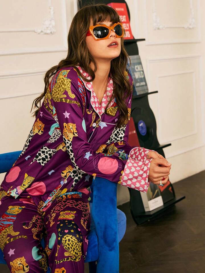 CM-LS554742 Women Trendy Seoul Style Printed Long Sleeve Button Up Top With Pants Pajama Set - Purple