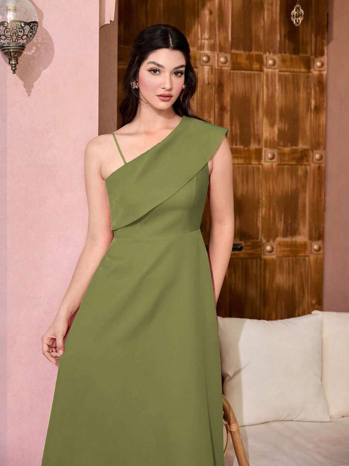 CM-DS676185 Women Elegant Seoul Style Asymmetrical Neckline Sleeveless Dress - Green