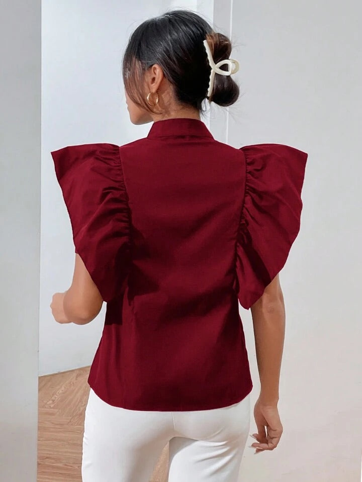 CM-TS056966 Women Casual Seoul Style Ruffle Trim Button Front Shirt - Red