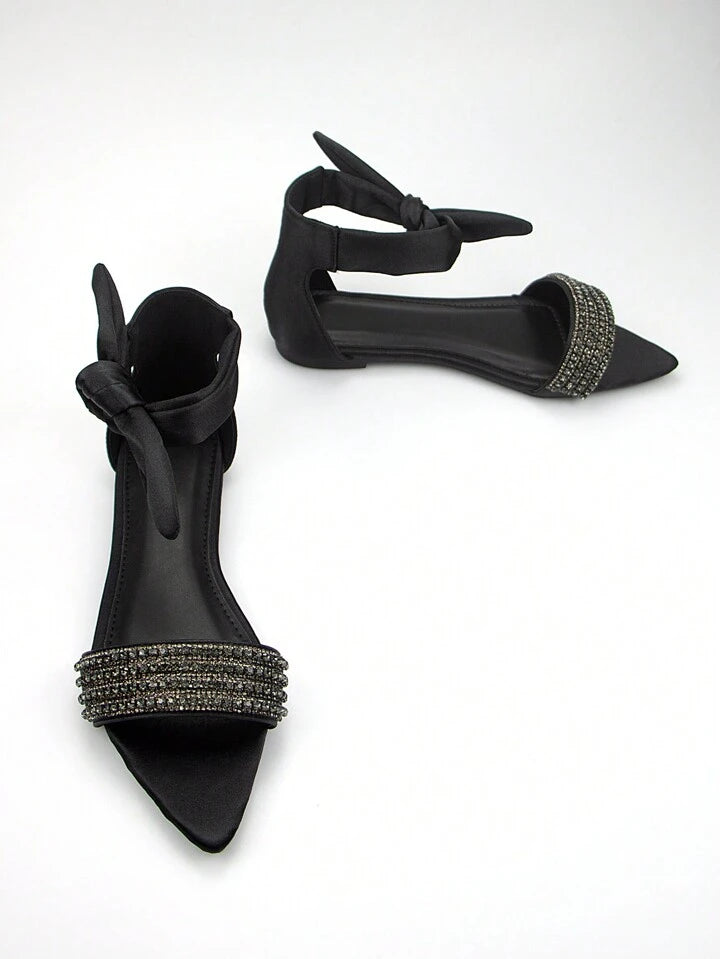 CM-SHS716115 Women Trendy Seoul Style Diamond Chain Decor Pointed Flat Sandals With Bowknot - Black
