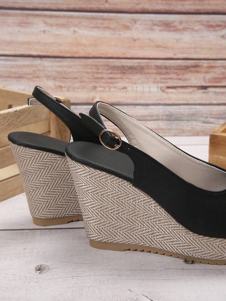 CM-SHS755042 Women Trendu Seoul Style Waterproof Platform Thick Rope Sole Peep Toe Wedge Heels - Black