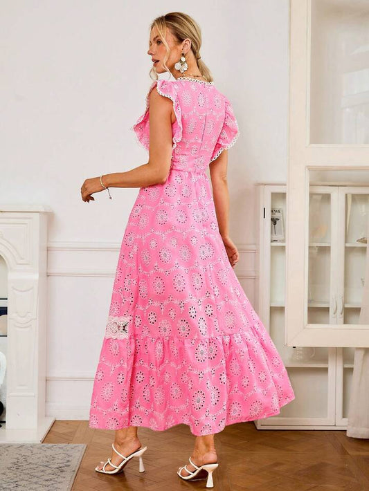 CM-DS032839 Women Elegant Seoul Style V-Neck Sleeveless Embroidery Ruffle Hem Dress - Pink