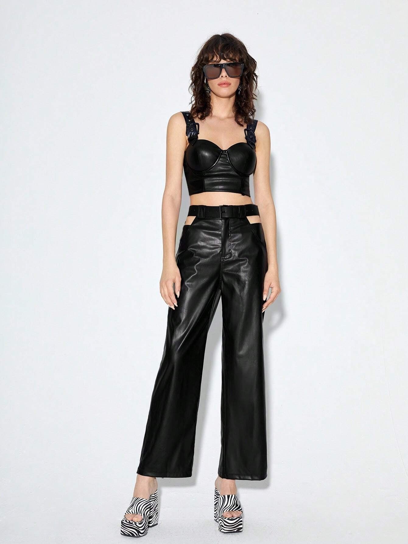 CM-BS201690 Women Elegant Seoul Style Cut Out Waist Belted PU Leather Pants - Black