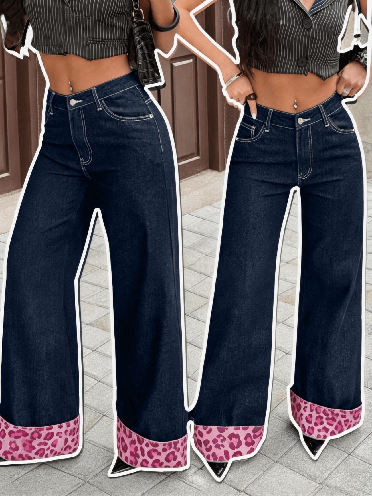 CM-BT353519 Women Casual Seoul Style Leopard Print Loose-Fitting Wide-Leg Jeans - Blue