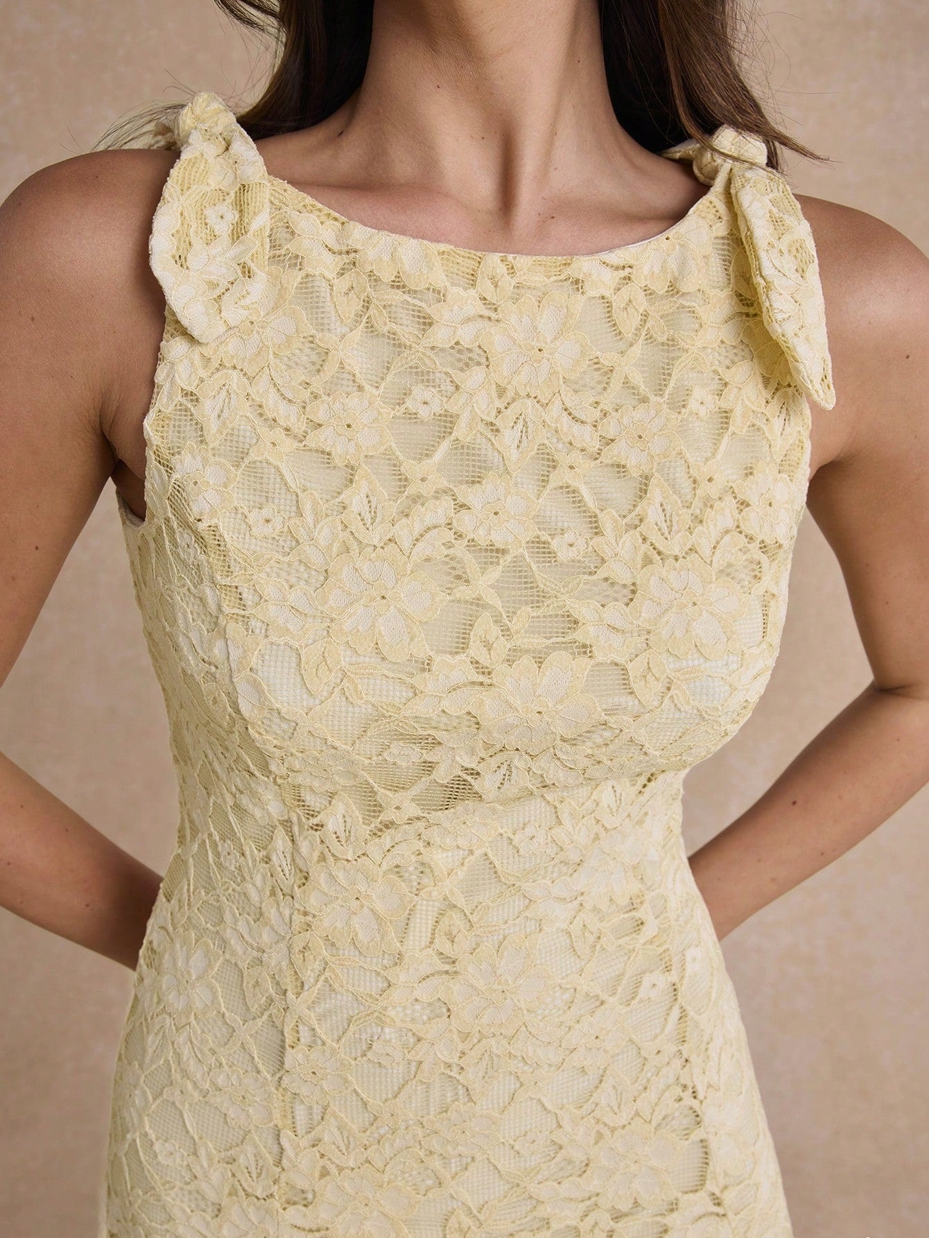 CM-DS334084 Women Elegant Seoul Style Round Neck Sleeveless Lace Ruffle Tie-Up Short Dress