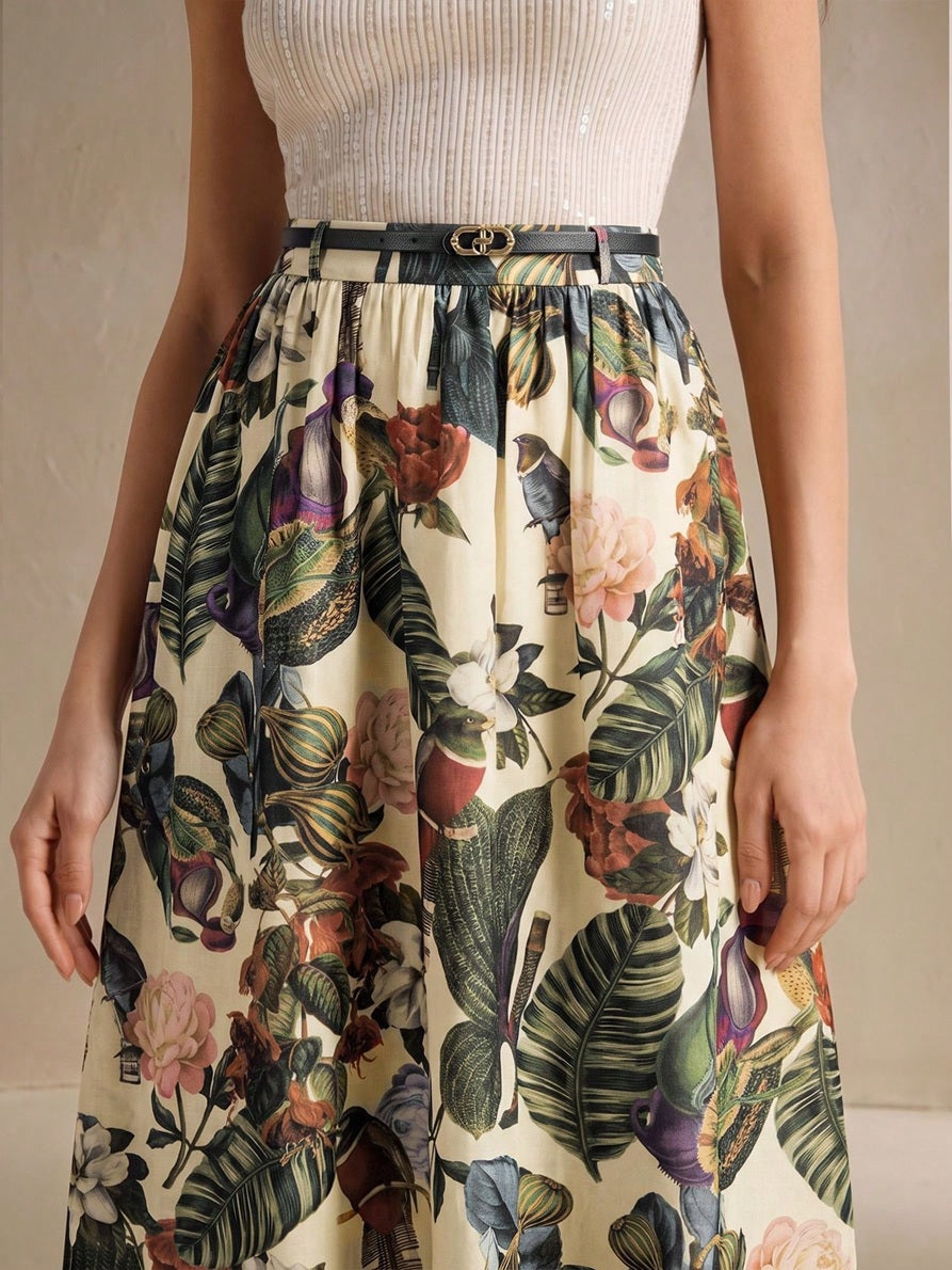 CM-BS340449 Women Elegant Seoul Style Floral Print High Waist A-Line Long Skirt With Belt