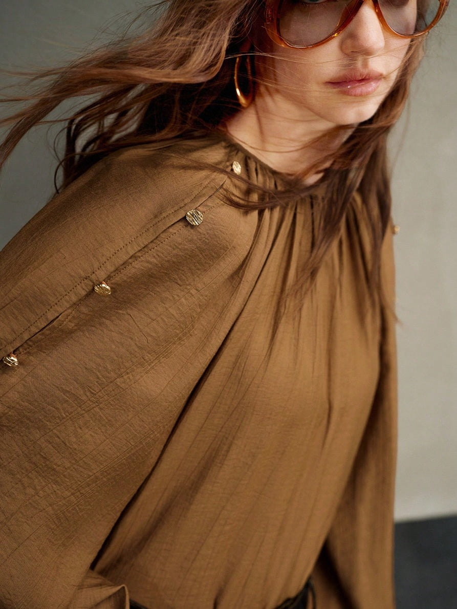 CM-TS875318 Women Elegant Seoul Style Round Neck Bishop Sleeve Linen Blend Metal Button Decor Oversized Top - Khaki