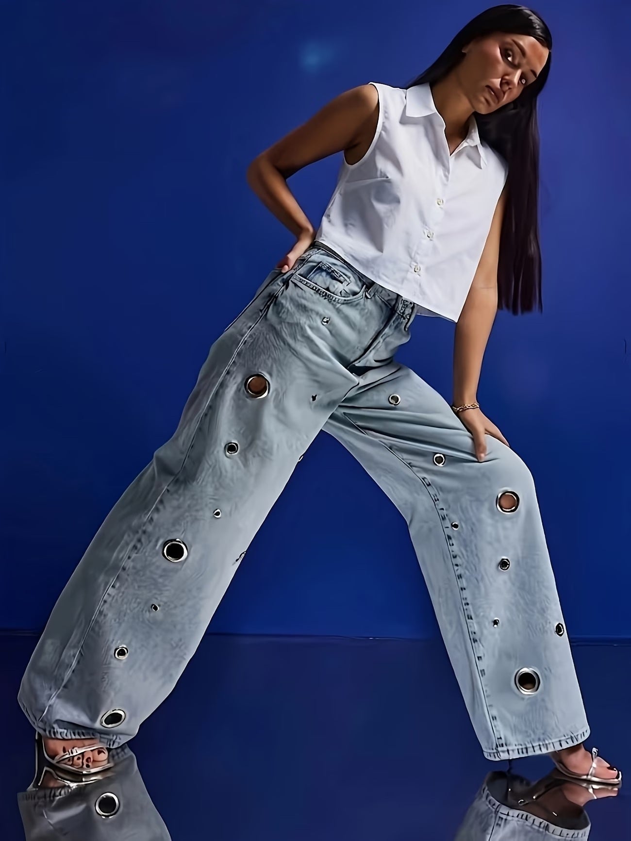 CM-BT466345 Women Casual Seoul Style High-Waist Multi-Size Metal Eyelet Cutout Wide-Leg Jeans - Light Blue