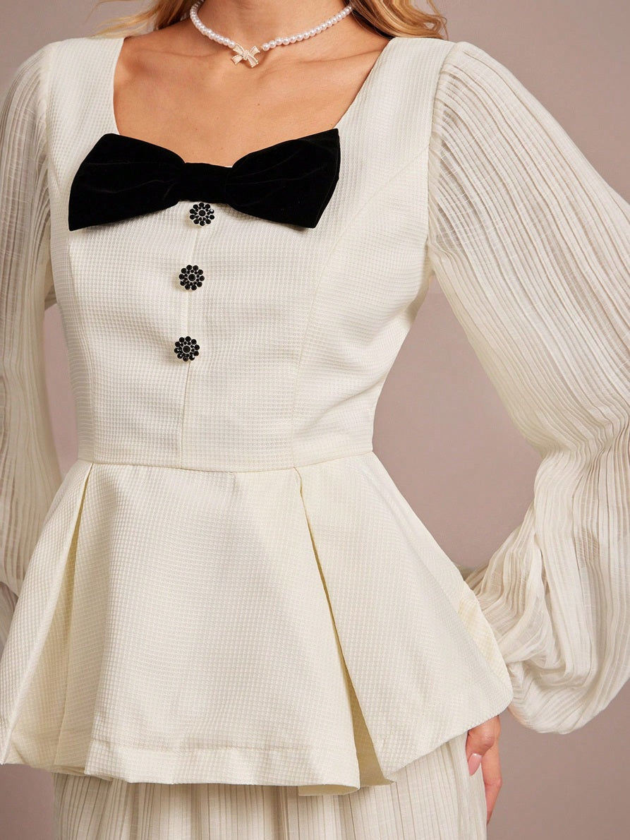 CM-SS032569 Women Elegant Seoul Style Square Neck Bow Decor Lantern Sleeve Ruffle Hem Top With Long Pleated Skirt - Set