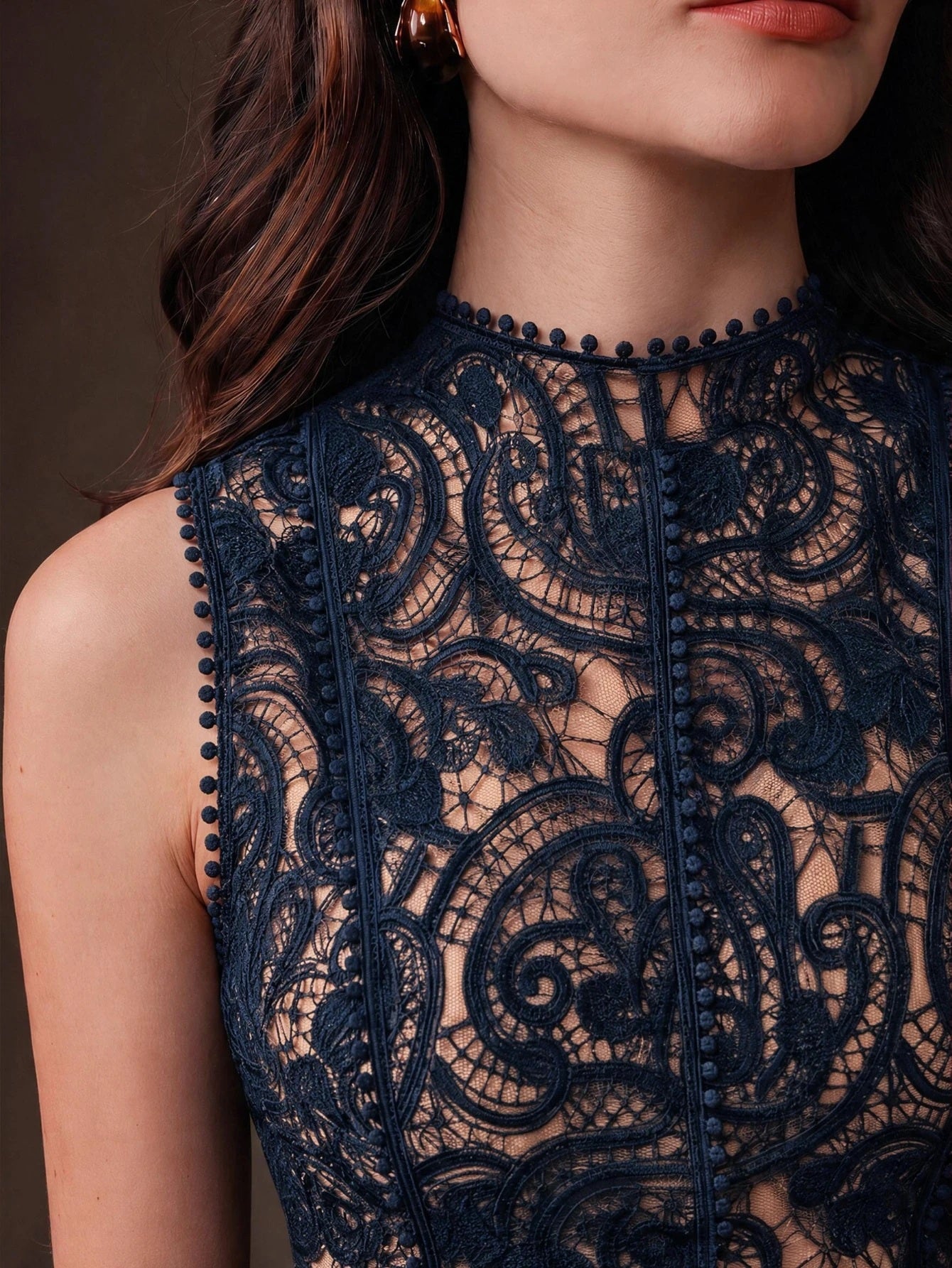 CM-TS617242 Women Elegant Seoul Style Stand Collar Sleeveless Lace Hollow Patchwork Ruffle Waist Cinched Tank Top - Navy Blue