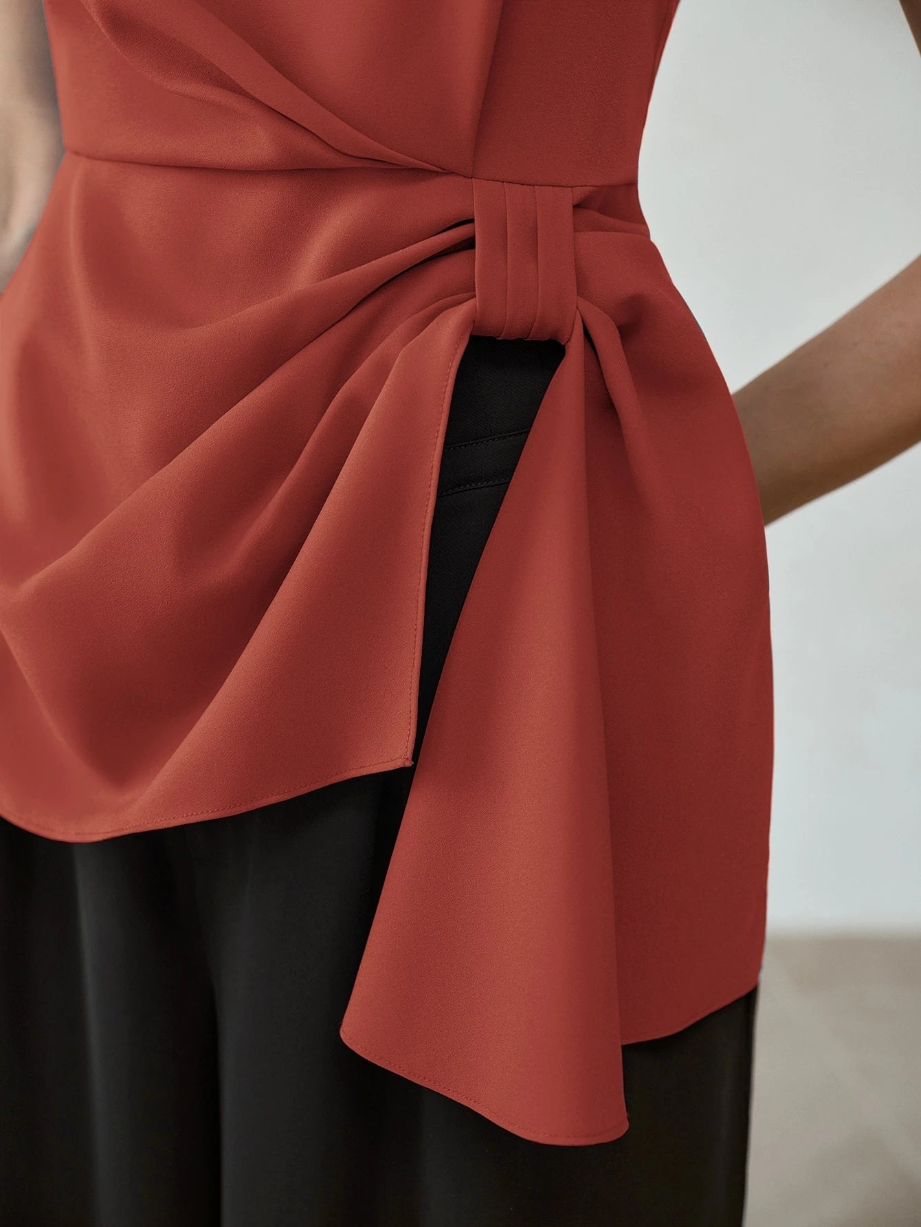 CM-TS246712 Women Elegant Seoul Style Side Knot Boat Neck Sleeveless Blouse - Burnt Orange