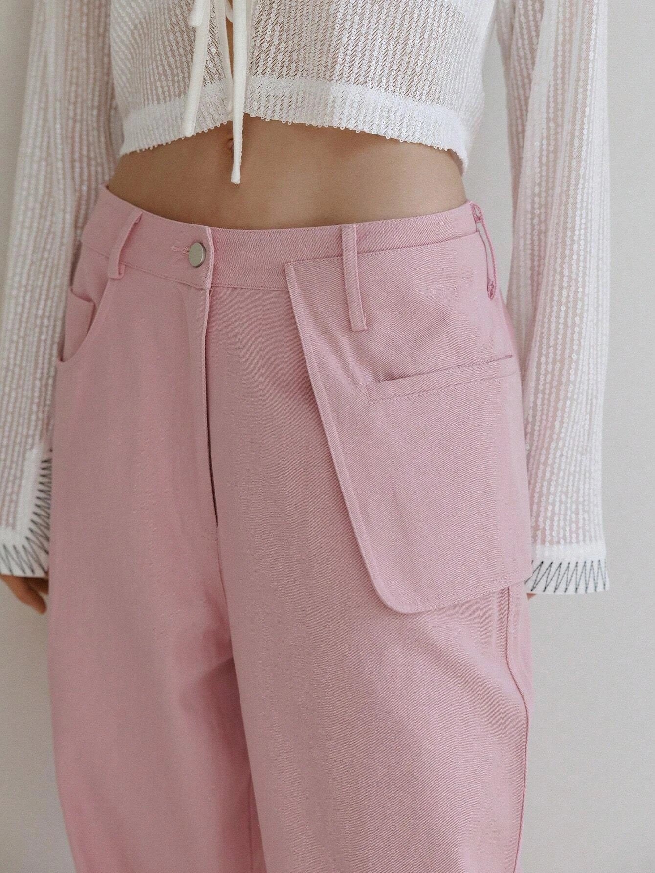 CM-BS655110 Women Casual Seoul Style Solid Flap Detail Straight Leg Pants - Pink