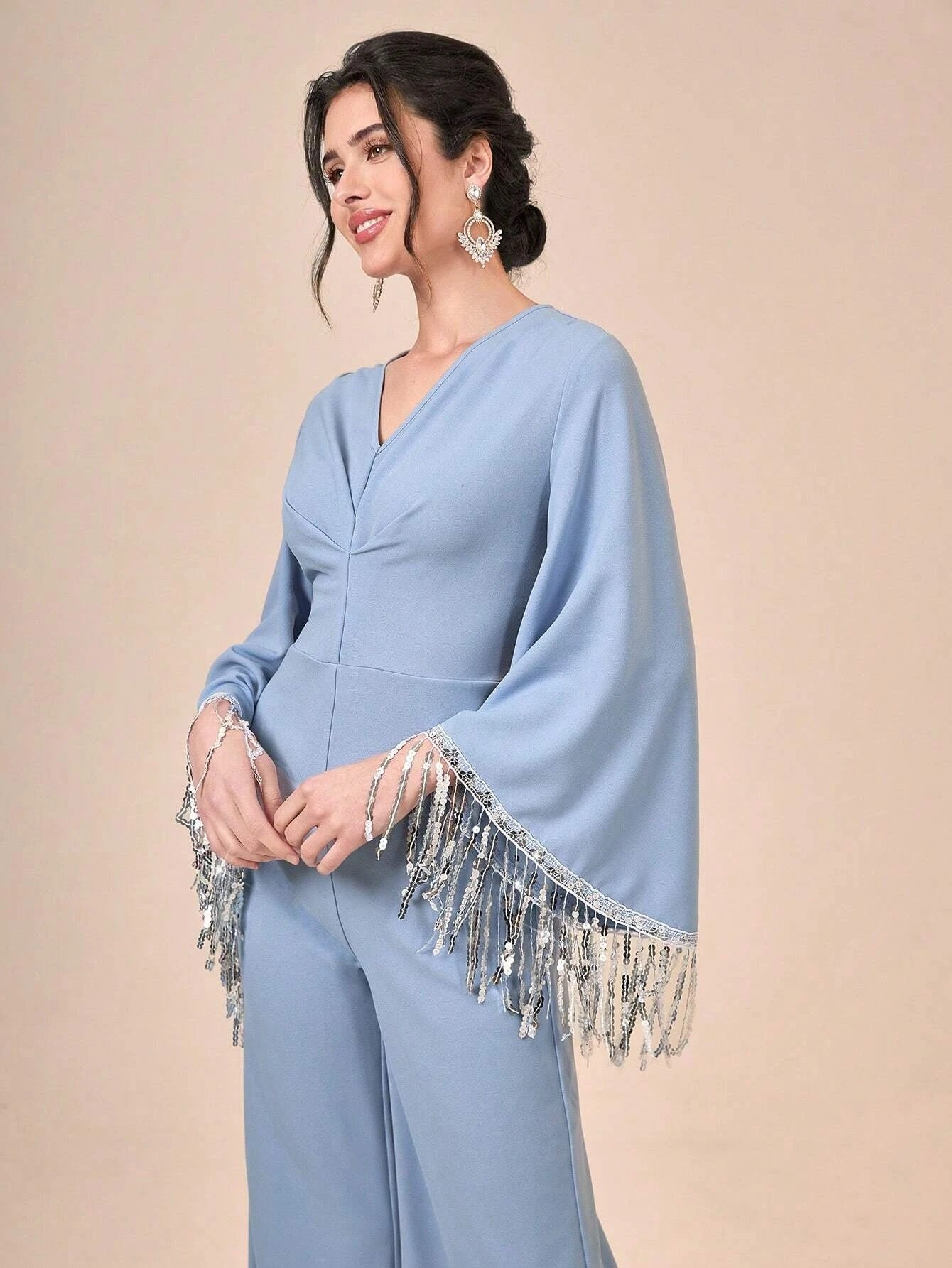 CM-JS180858 Women Elegant Seoul Style Long Sleeve Fringe Trim Wide Leg Jumpsuit - Dusty Blue
