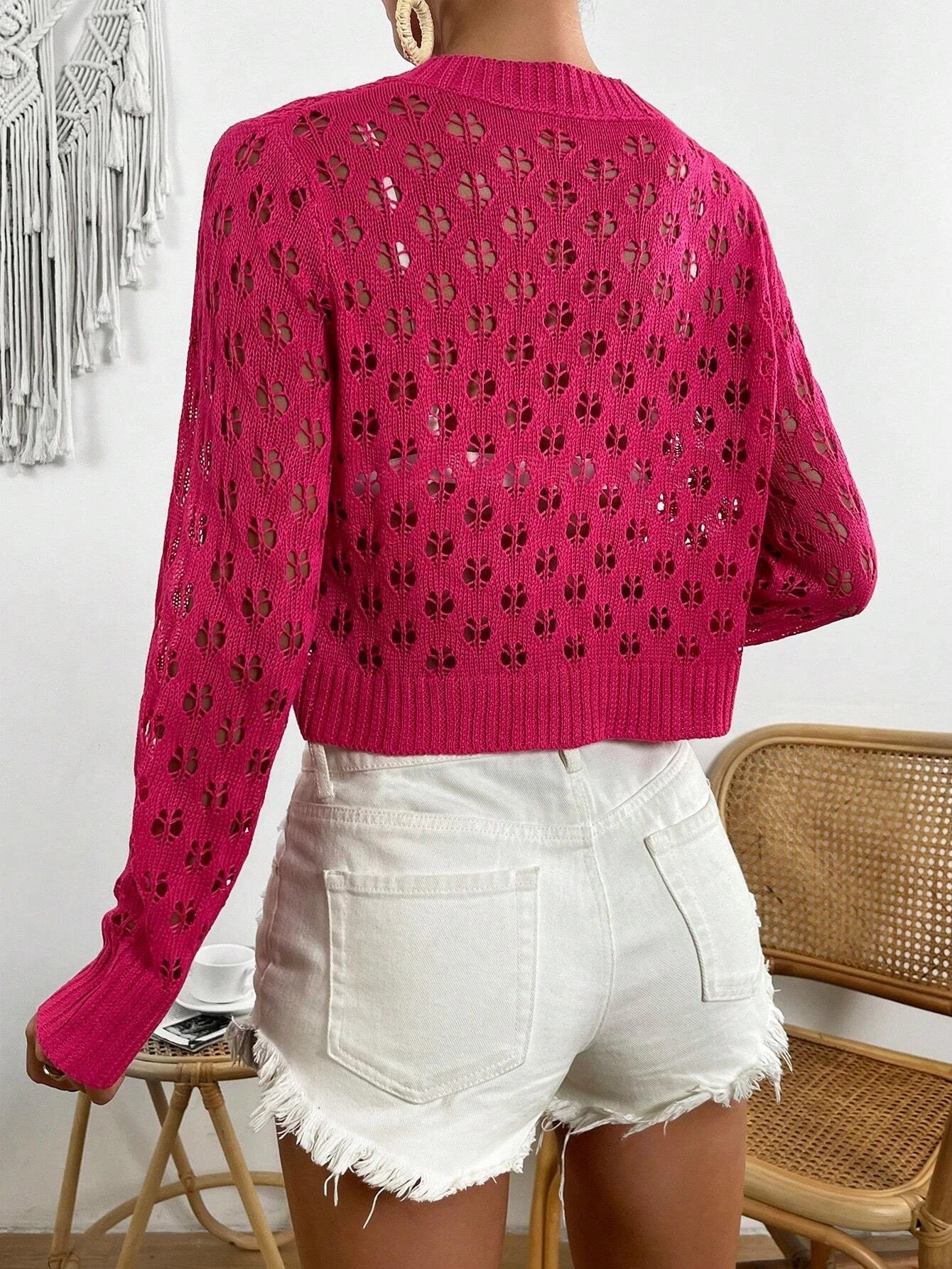CM-CS998526 Women Casual Seoul Style Hollow Out Button Front Cardigan - Hot Pink