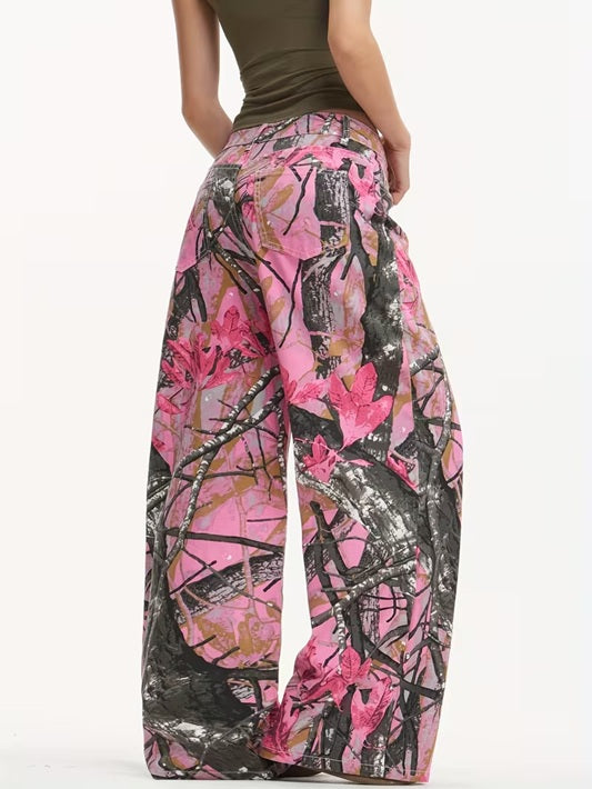 CM-BT141791 Women Casual Seoul Style Mid Waist Graffiti Maple Leaf Print Loose Wide Leg Jeans