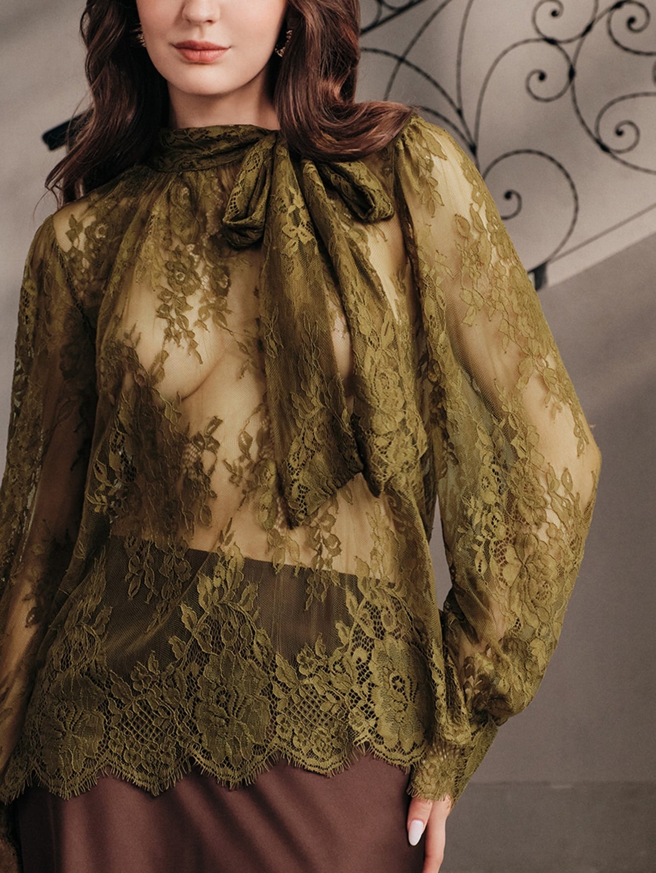CM-TS414367 Women Elegant Seoul Style Tie Neck Extra Long Sleeve Lace Floral Blouse - Army Green