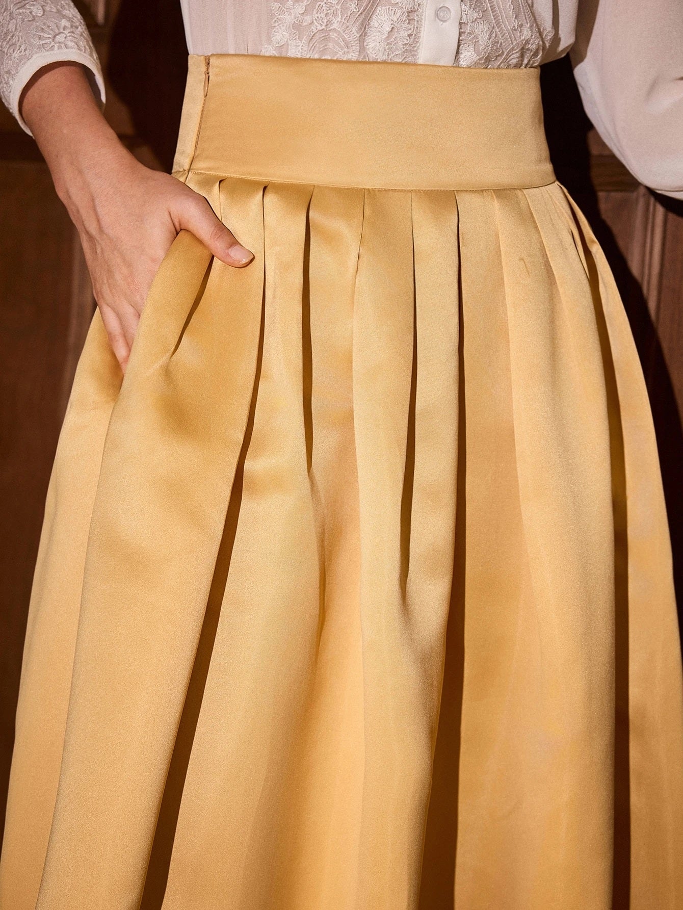 CM-BS835243 Women Elegant Seoul Style High Waist Solid Fold Pleated Zipper Side Long Skirt - Khaki