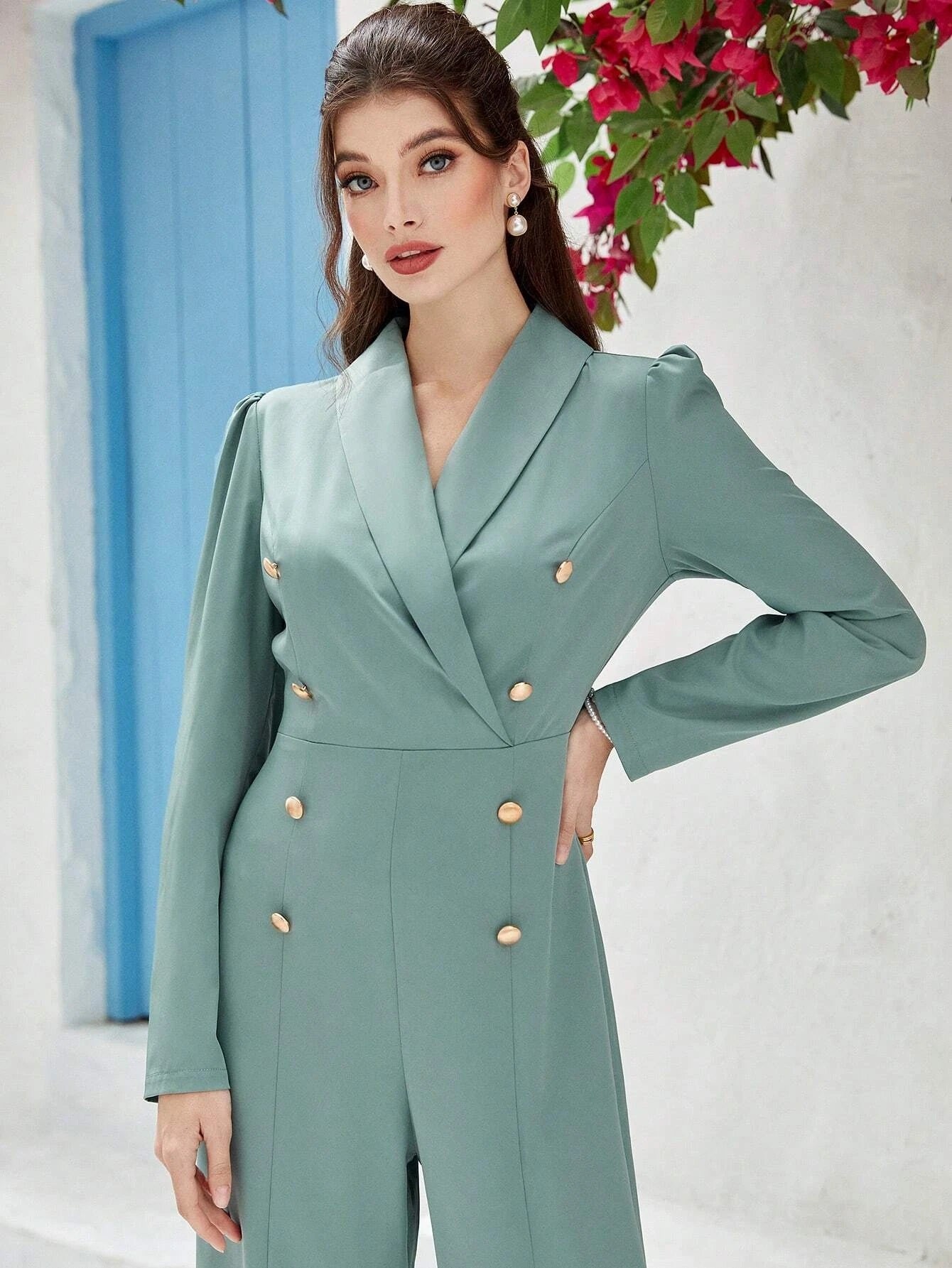 CM-JS799799 Women Elegant Seouol Style Shawl Neck Puff Sleeve Double Breasted Split Hem Jumpsuit