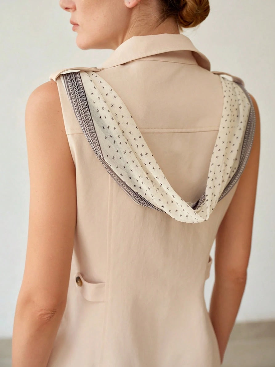 CM-DS190152 Women Elegant Seoul Style Collar Neckline Sleeveless Scarf Detail Double-Breatsted Dress - Apricot