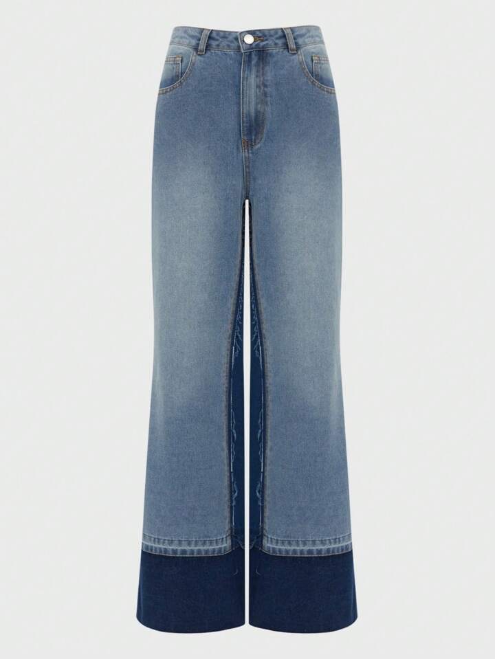 CM-BS052067 Women Casual Seoul Style Light Wash Colorblock Insert Pocket Loose Fit Wide Leg Jeans