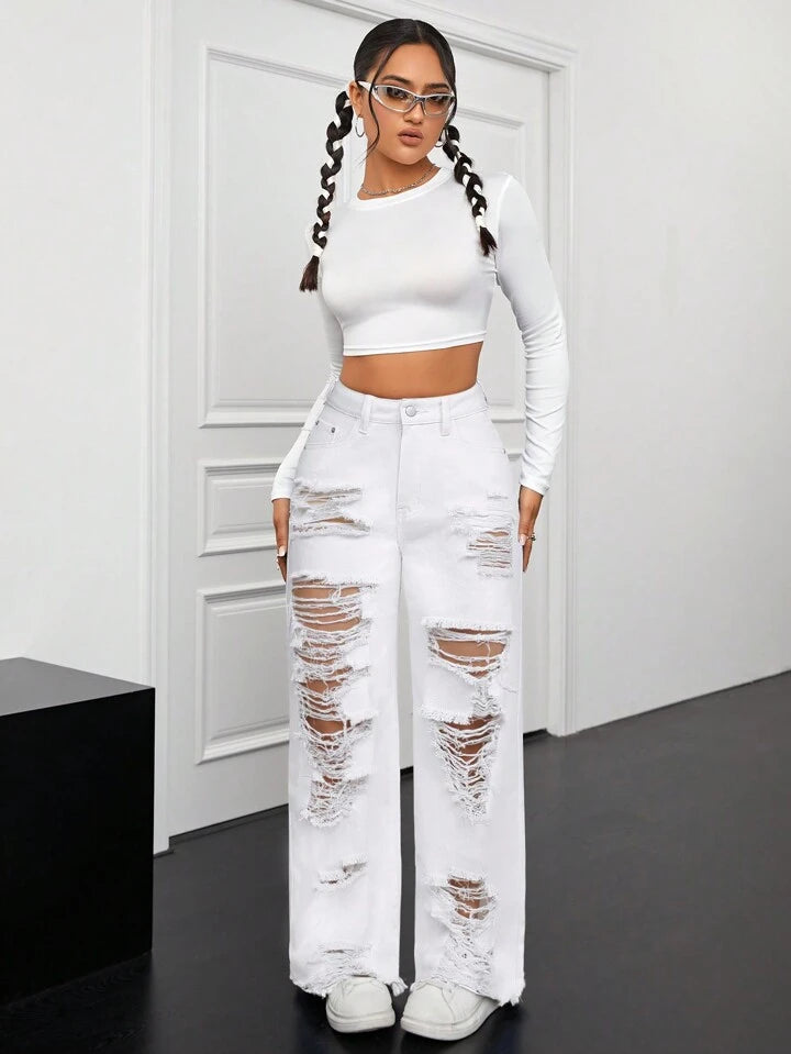 CM-BS760606 Women Casual Seoul Style Front Button Pocket Distressed Ripped Denim Long Jeans - White