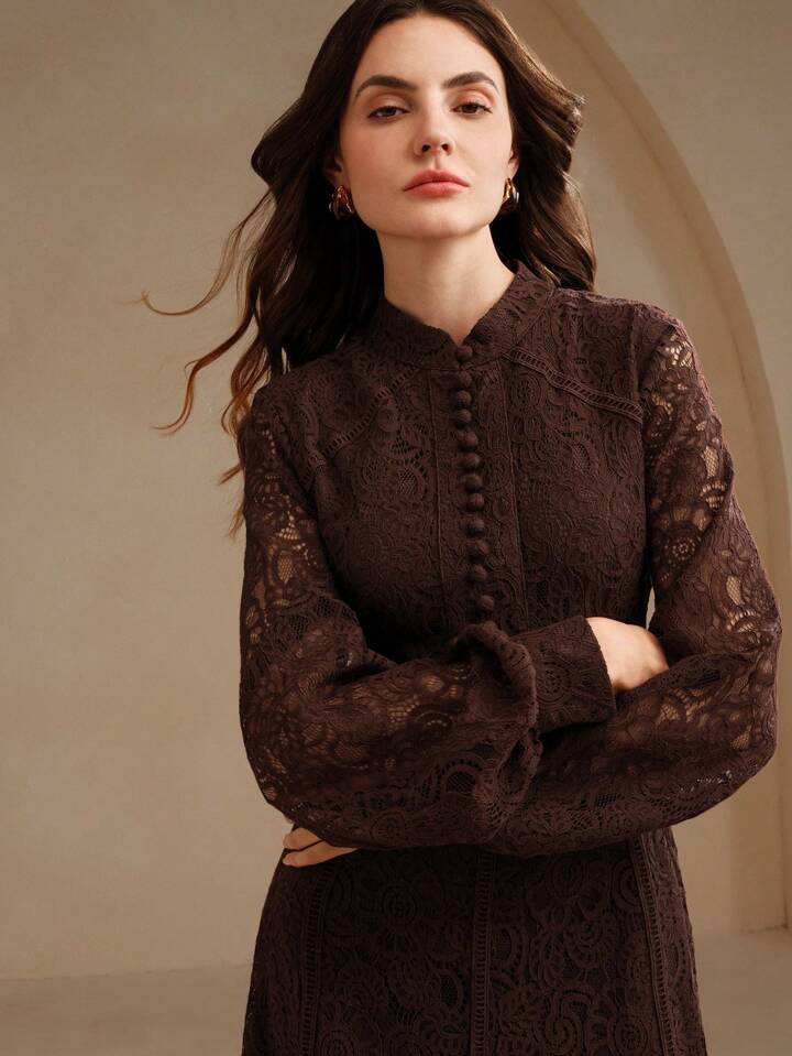CM-DS200661 Women Elegant Seoul Style Lace Mandarin Collar Long Sleeve A-Line Dress - Brown